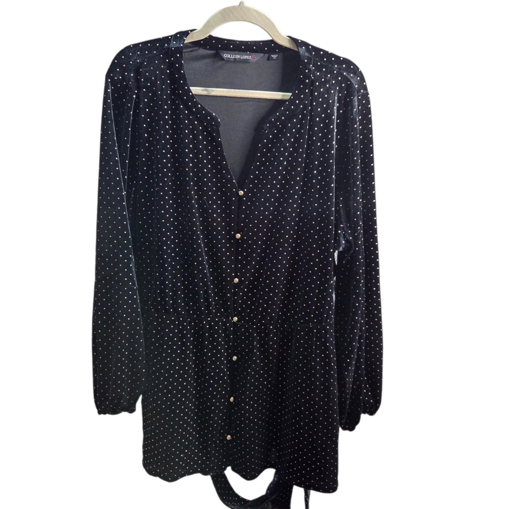 Colleen Lopez Women's Button-Front Sequin Tunic Black Velvet Sparkle 2X New